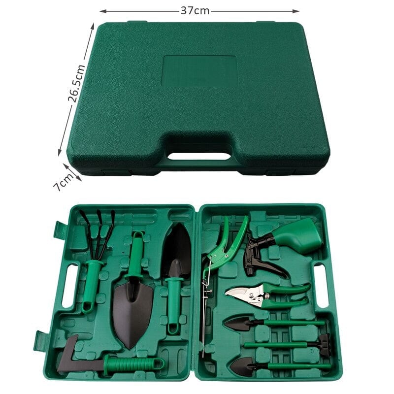 Juego de herramientas de jardín de acero inoxidable con maletín de transporte, 10 piezas