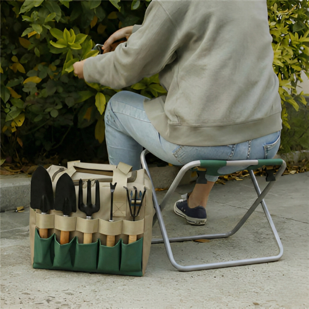 Juego de herramientas de jardinería de 6 piezas con taburete plegable y bolsa de transporte