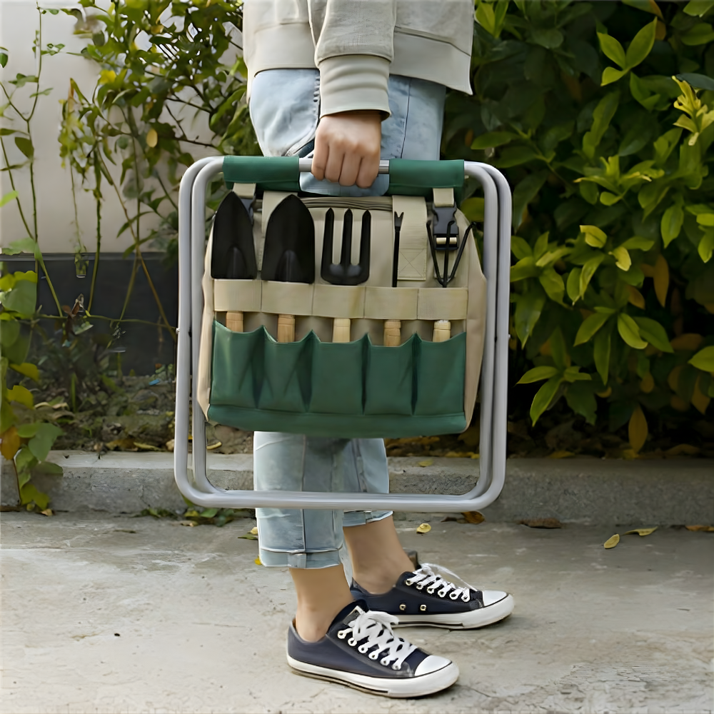 Juego de herramientas de jardinería de 6 piezas con taburete plegable y bolsa de transporte