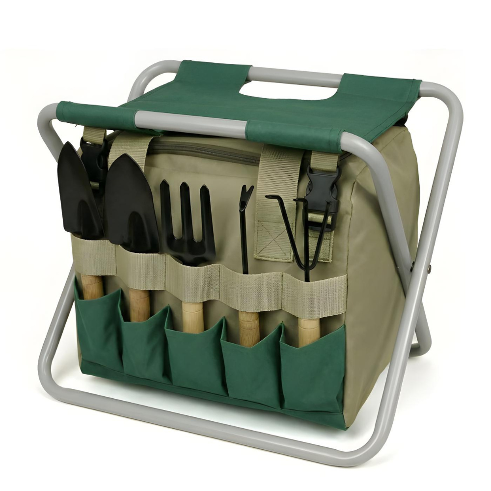 Juego de herramientas de jardinería de 6 piezas con taburete plegable y bolsa de transporte