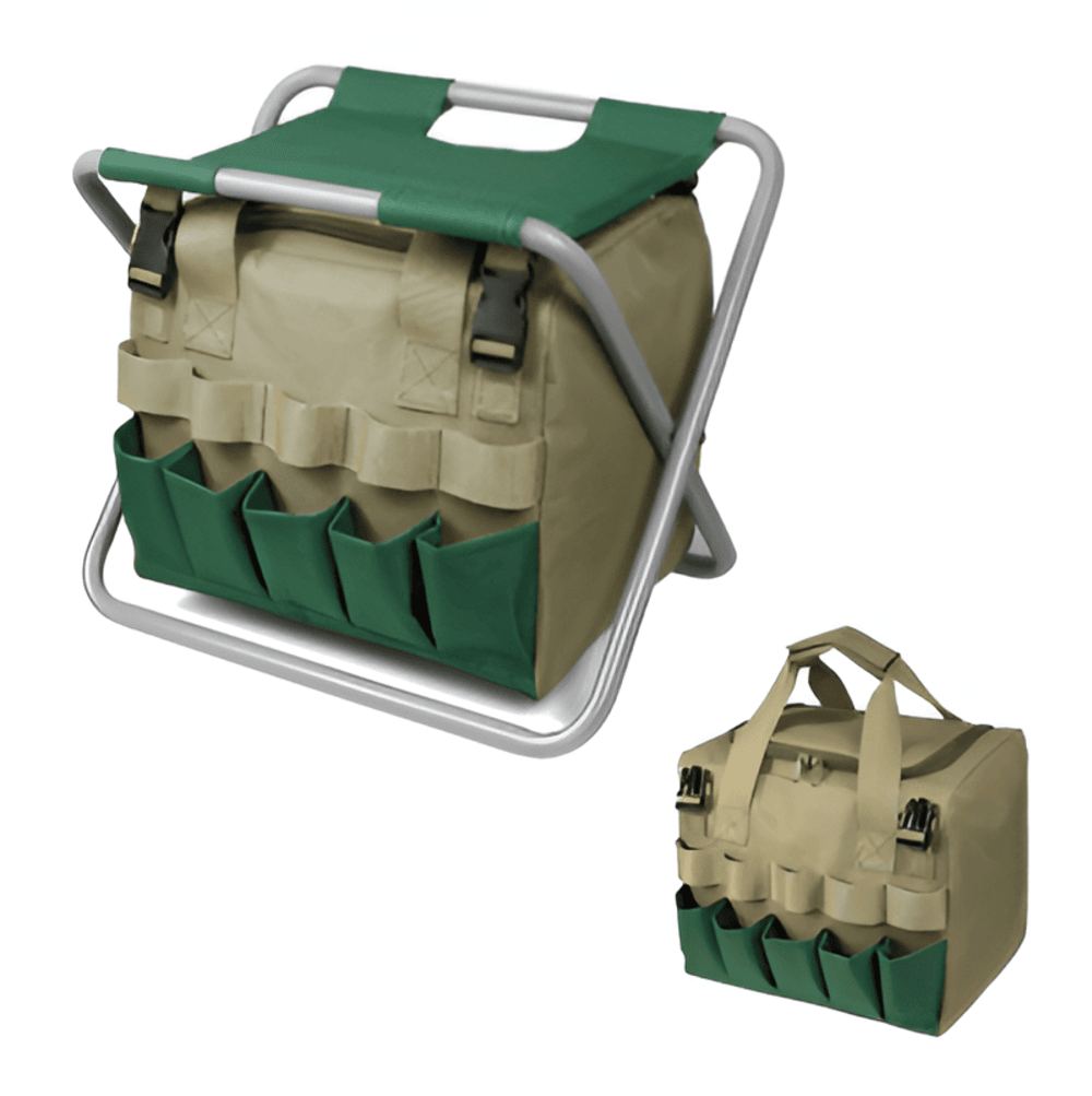 Juego de herramientas de jardinería de 6 piezas con taburete plegable y bolsa de transporte