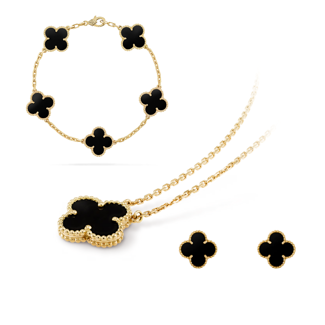 Juego de Joyas de Trébol Negro en Acero Inoxidable Chapado en Oro de 18K, Hipoalergénico