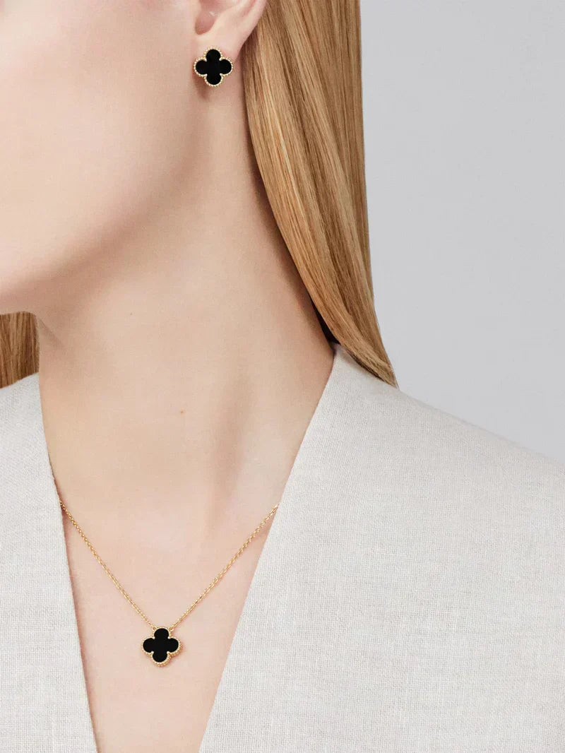 Juego de Joyas de Trébol Negro en Acero Inoxidable Chapado en Oro de 18K, Hipoalergénico