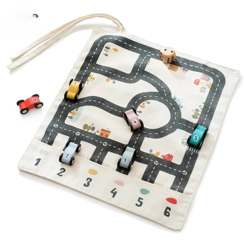 Juego de pista de carreras portátil para niños con coches de madera
