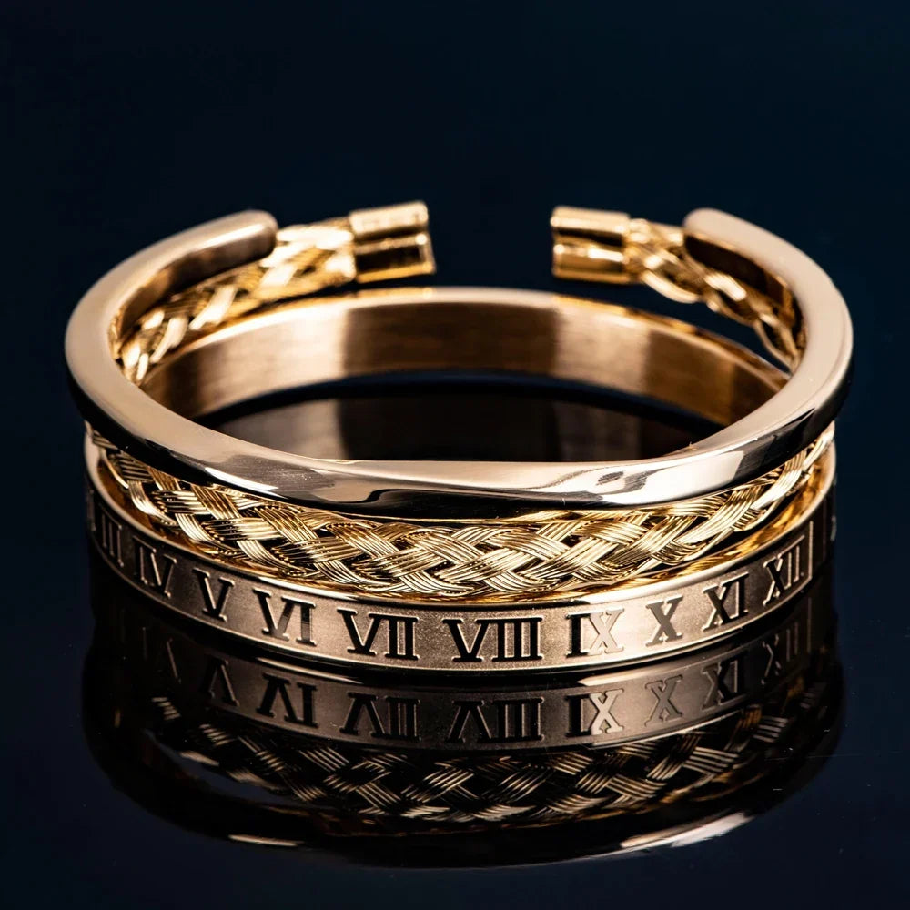 Juego de Pulseras Triple Estilo Romano en Acero