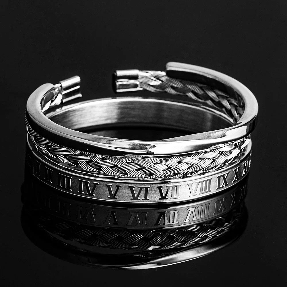Juego de Pulseras Triple Estilo Romano en Acero