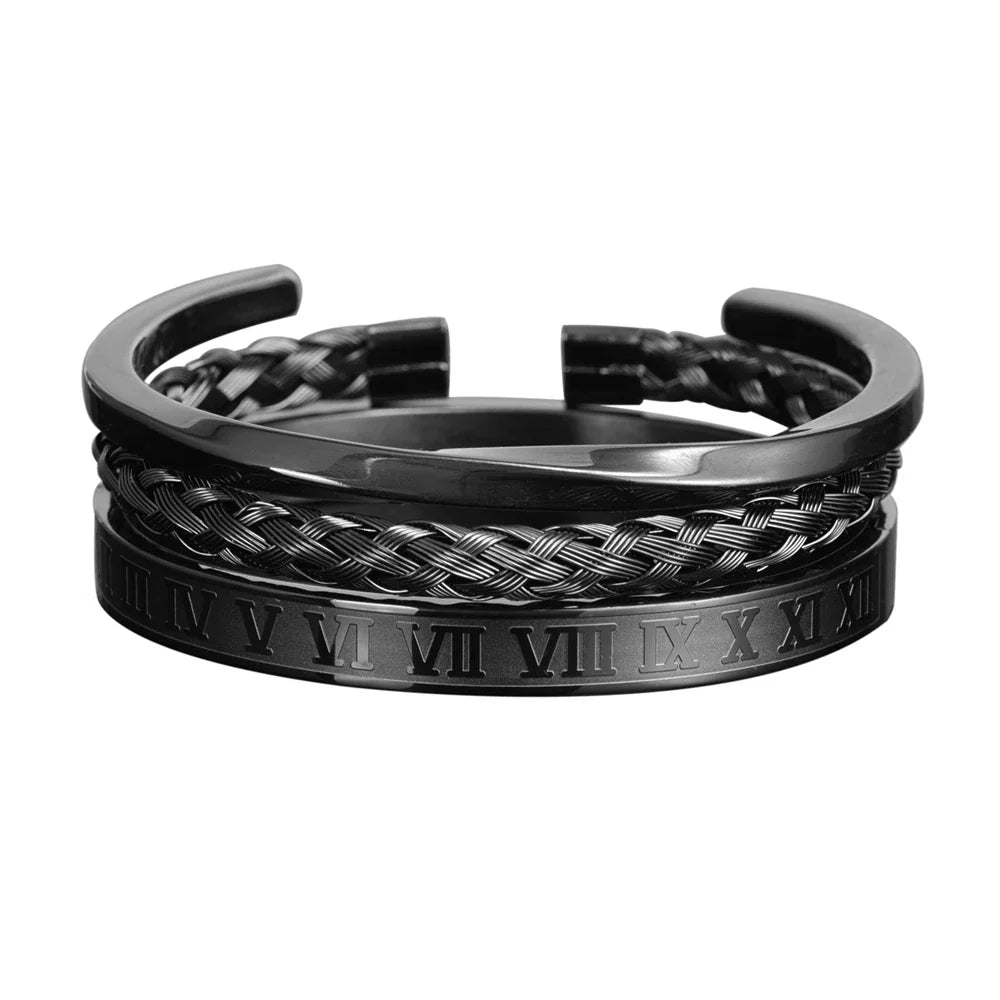 Juego de Pulseras Triple Estilo Romano en Acero
