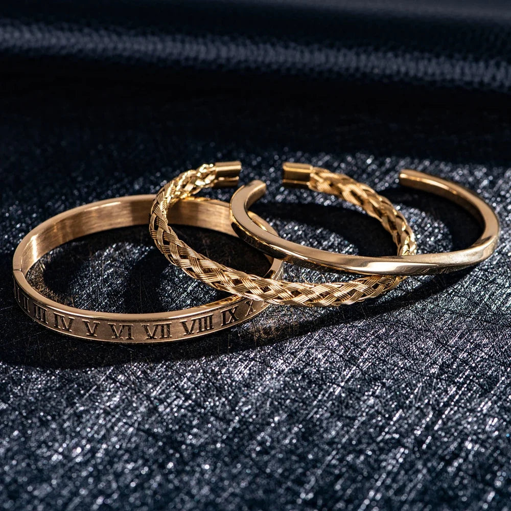 Juego de Pulseras Triple Estilo Romano en Acero