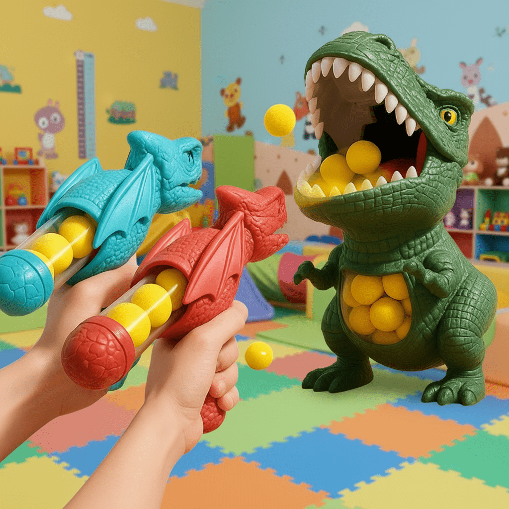 Juego de tiro de dinosaurio para niños con bolas de espuma suave y diana