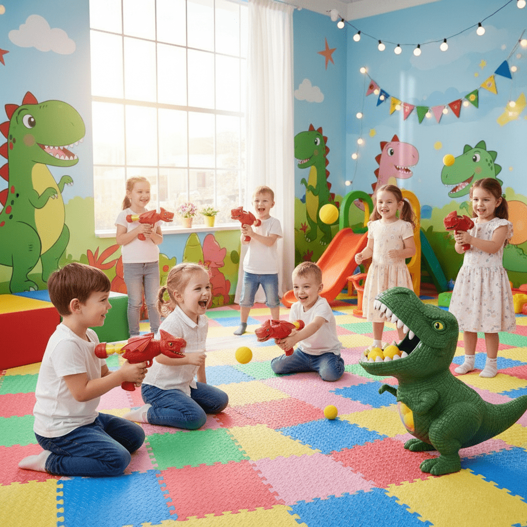 Juego de tiro de dinosaurio para niños con bolas de espuma suave y diana