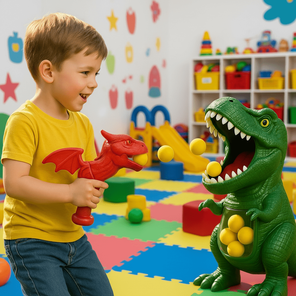 Juego de tiro de dinosaurio para niños con bolas de espuma suave y diana
