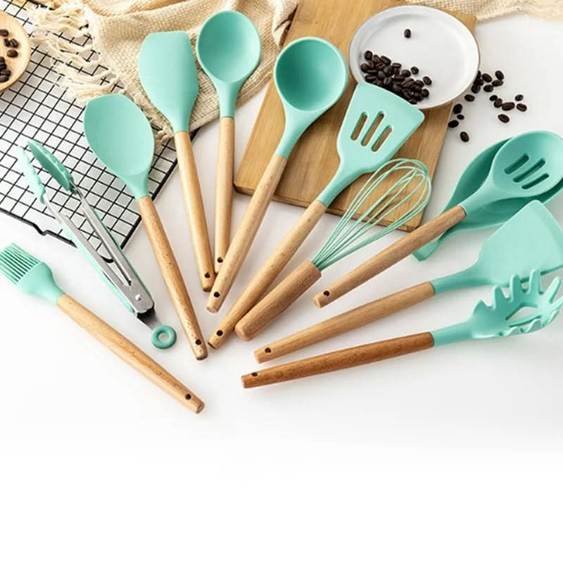Juego de utensilios de cocina de silicona no tóxica y libre de BPA con mangos de madera