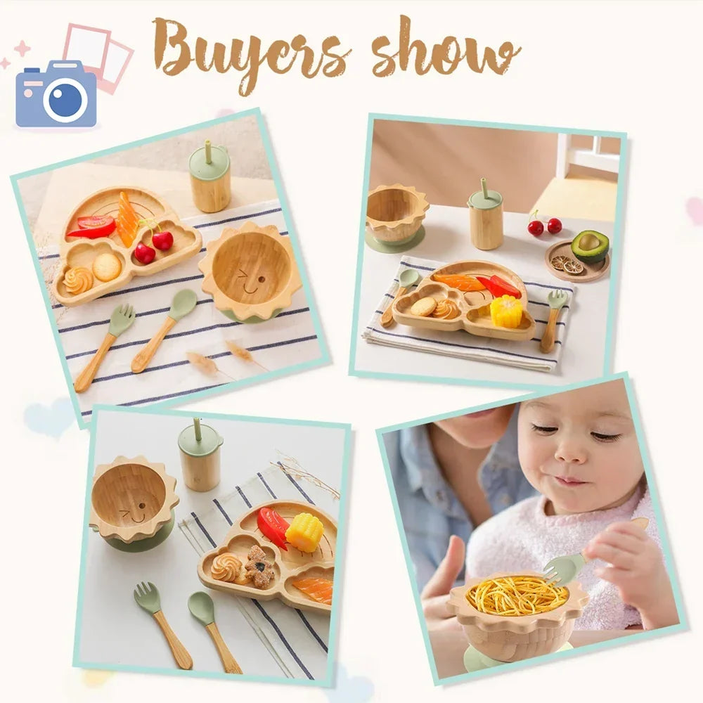 Juego de vajilla de bambú con ventosa para bebé: platos y cuencos seguros y elegantes para niños pequeños