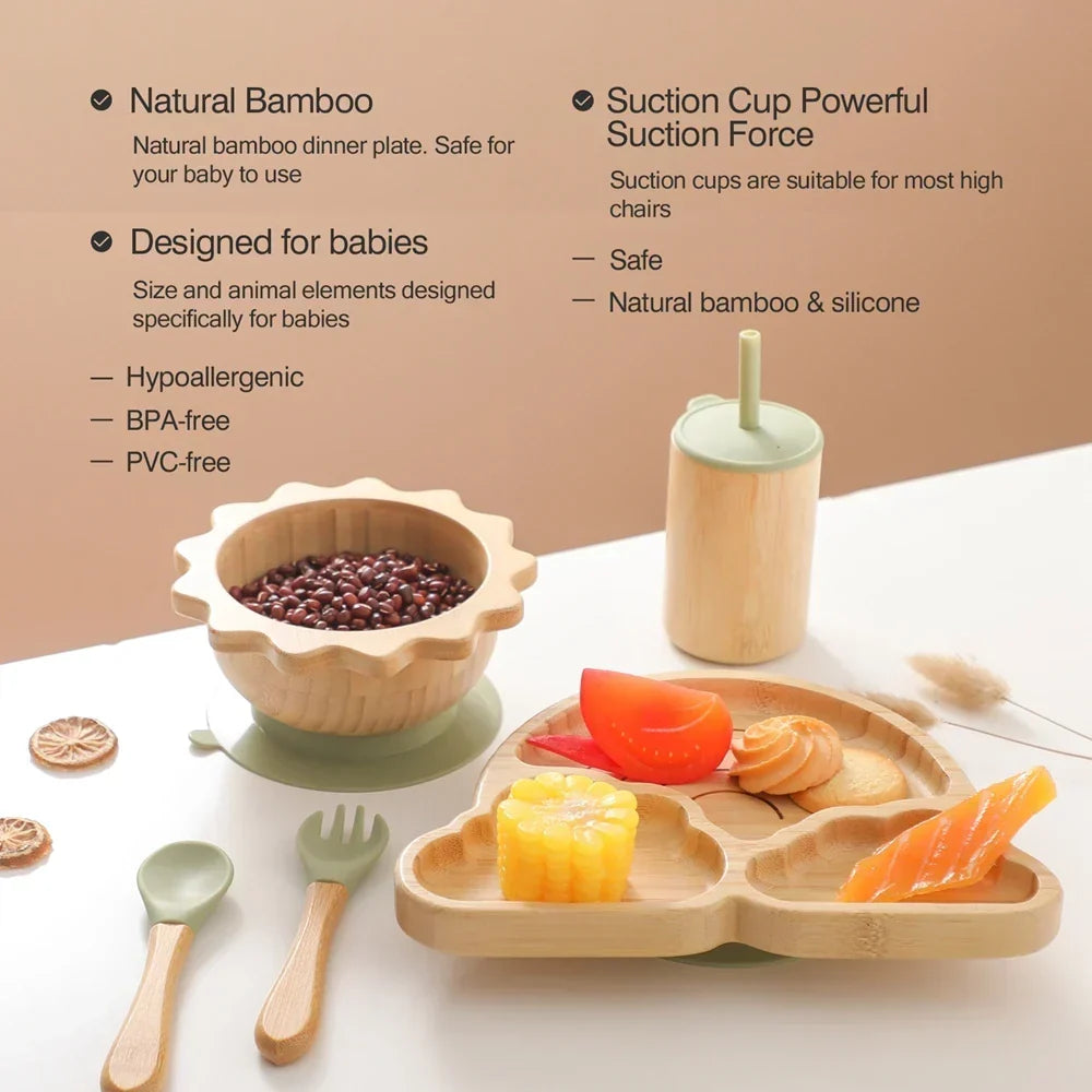 Juego de vajilla de bambú con ventosa para bebé: platos y cuencos seguros y elegantes para niños pequeños