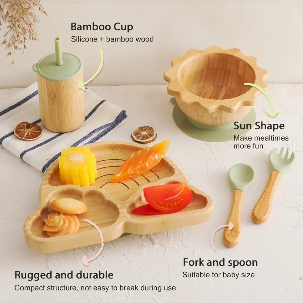 Juego de vajilla de bambú con ventosa para bebé: platos y cuencos seguros y elegantes para niños pequeños