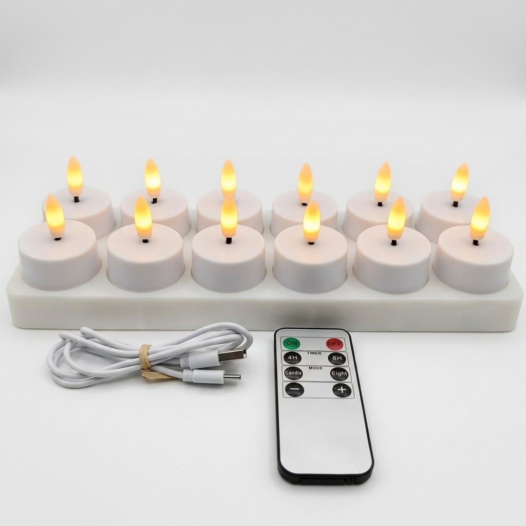Juego de Velas LED Sin Llama con Mando a Distancia, Temporizador y Recargables por USB
