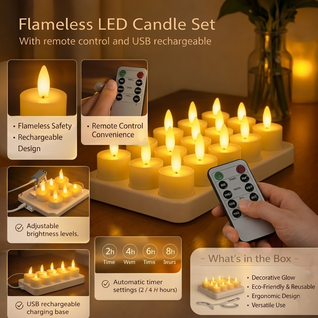 Juego de Velas LED Sin Llama con Mando a Distancia, Temporizador y Recargables por USB