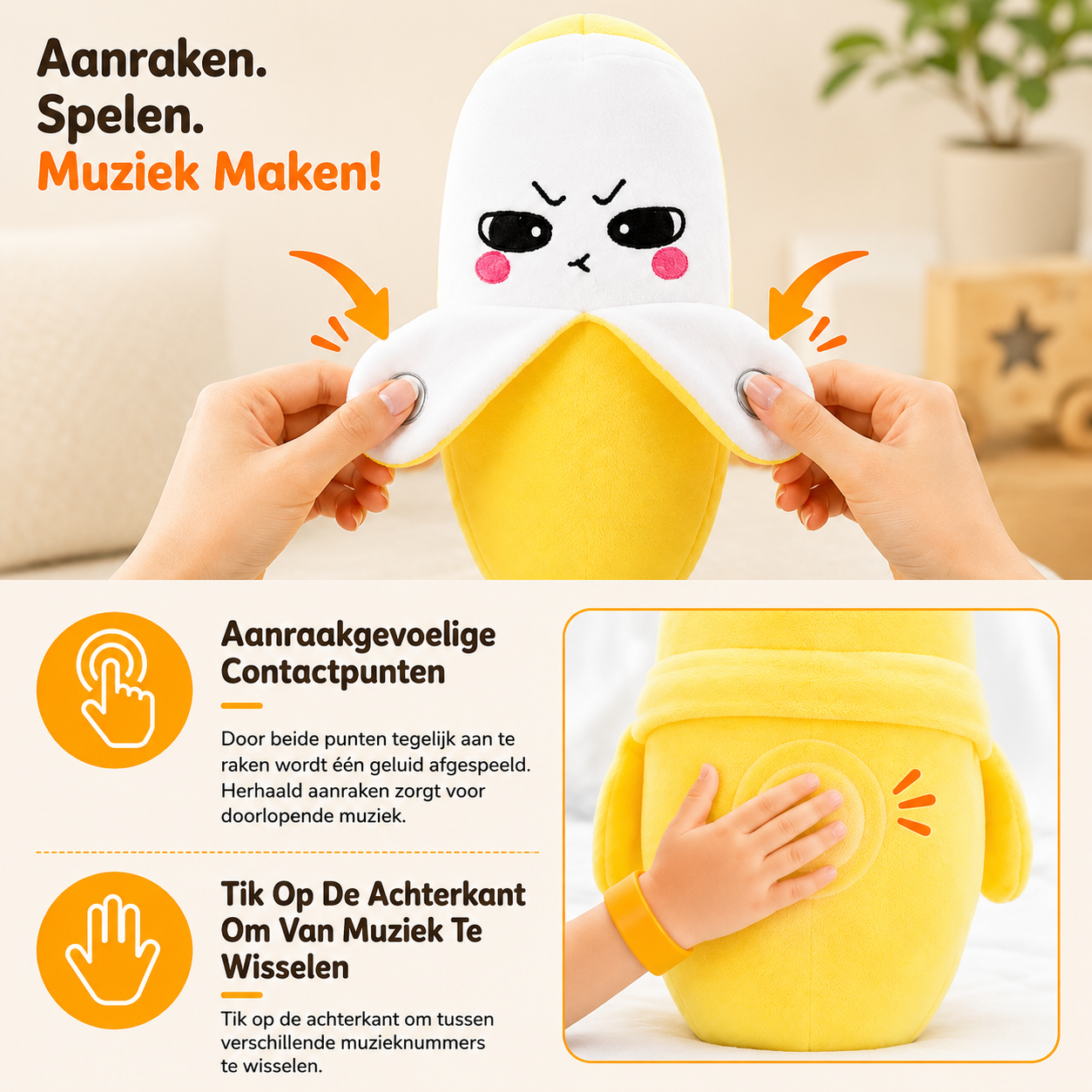 Juguete de peluche interactivo musical con forma de fruta sensible al tacto
