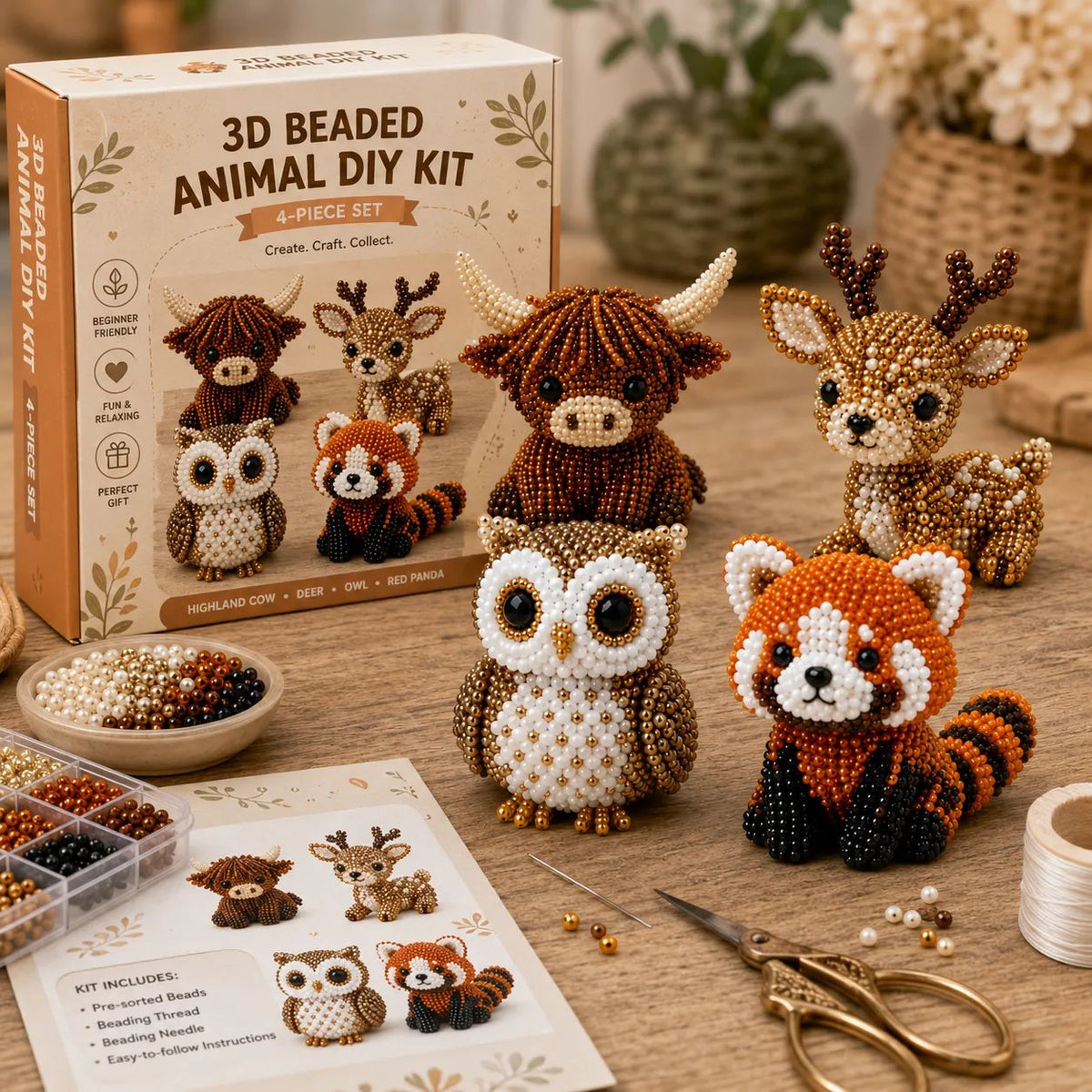 Kit de abalorios DIY: 4 adorables animales en 3D