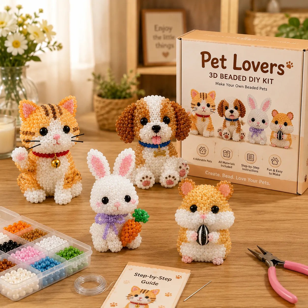 Kit de abalorios DIY: 4 adorables animales en 3D