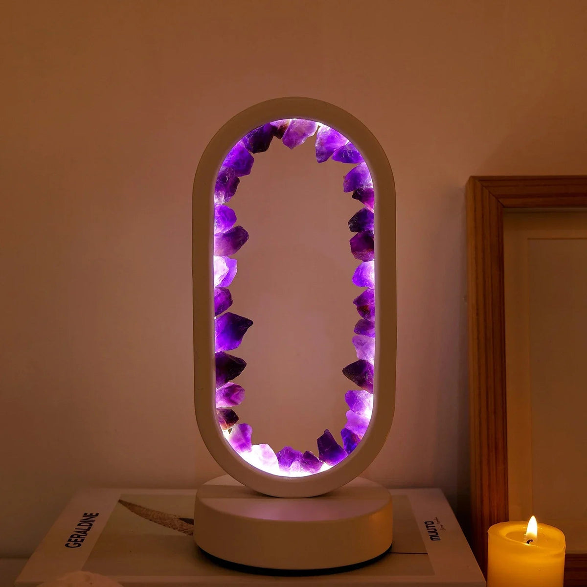 Lámpara de cristal natural de amatista: luz relajante para dormitorio y meditación
