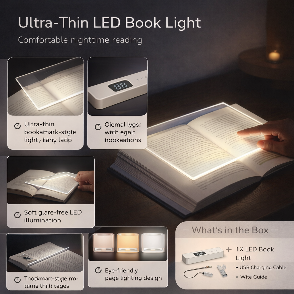 Lámpara de lectura LED para libros, ultrafina y recargable por USB