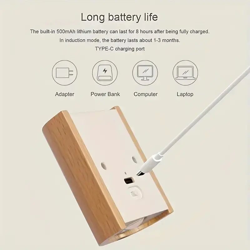Lámpara de madera con sensor de movimiento y batería recargable