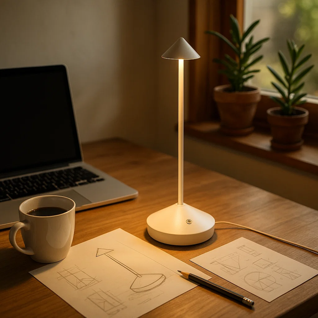 Lámpara de mesa inalámbrica con iluminación regulable y diseño resistente al agua