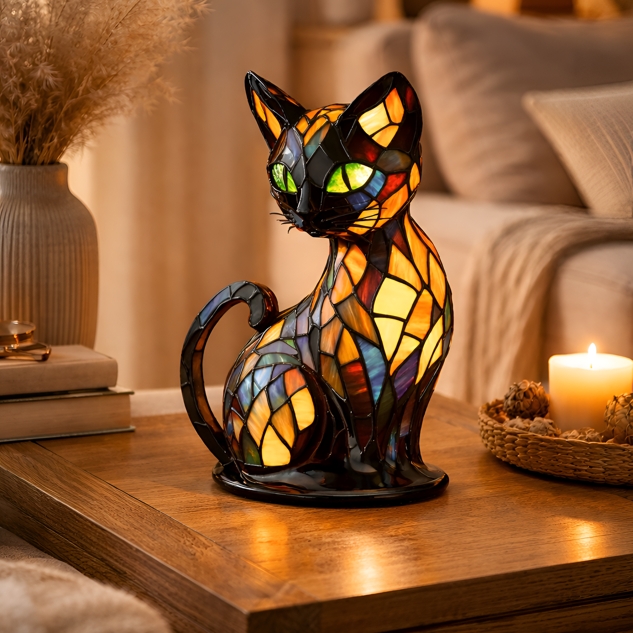 Lámpara de vidrio de colores con forma de gato