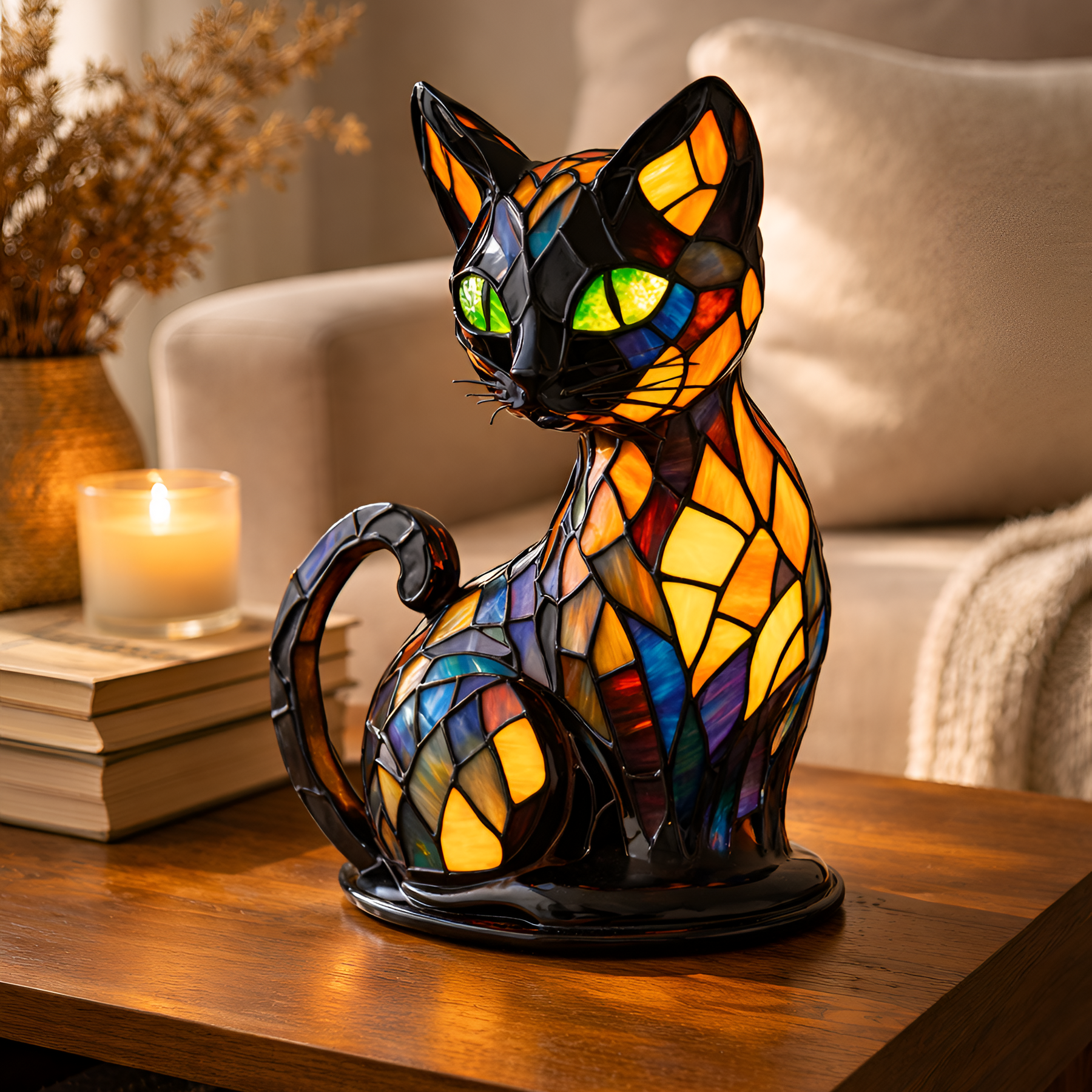 Lámpara de vidrio de colores con forma de gato