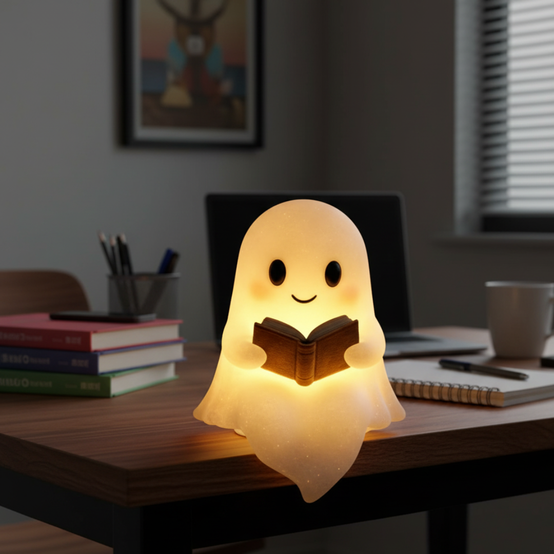 Lámpara pequeña con forma de fantasma que aporta calidez y luz
