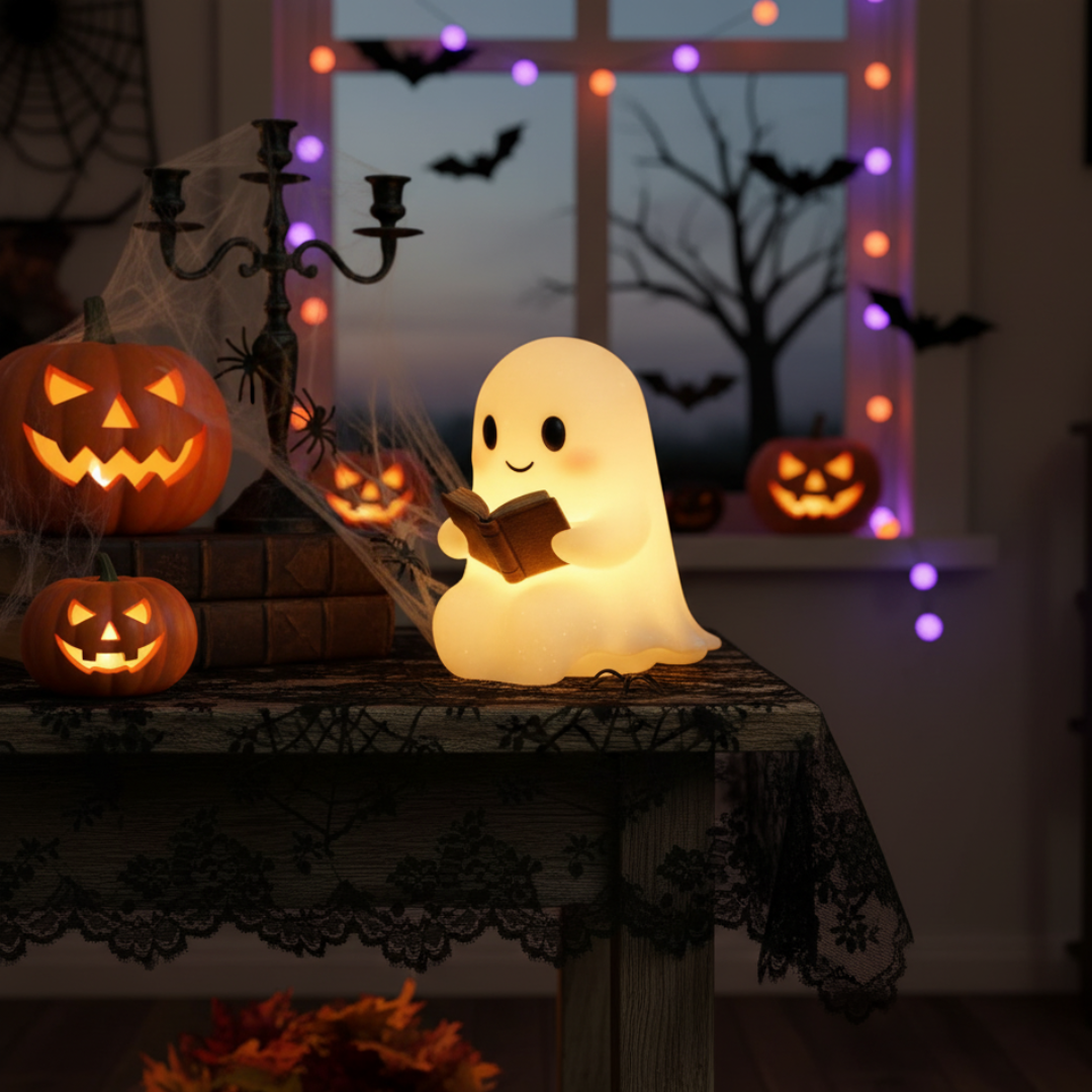 Lámpara pequeña con forma de fantasma que aporta calidez y luz