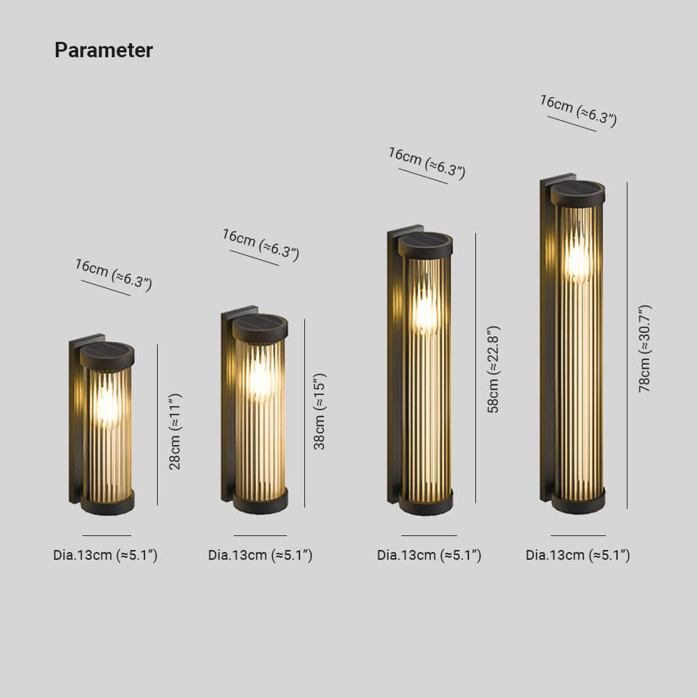 Lámpara solar cilíndrica de exterior en metal y vidrio
