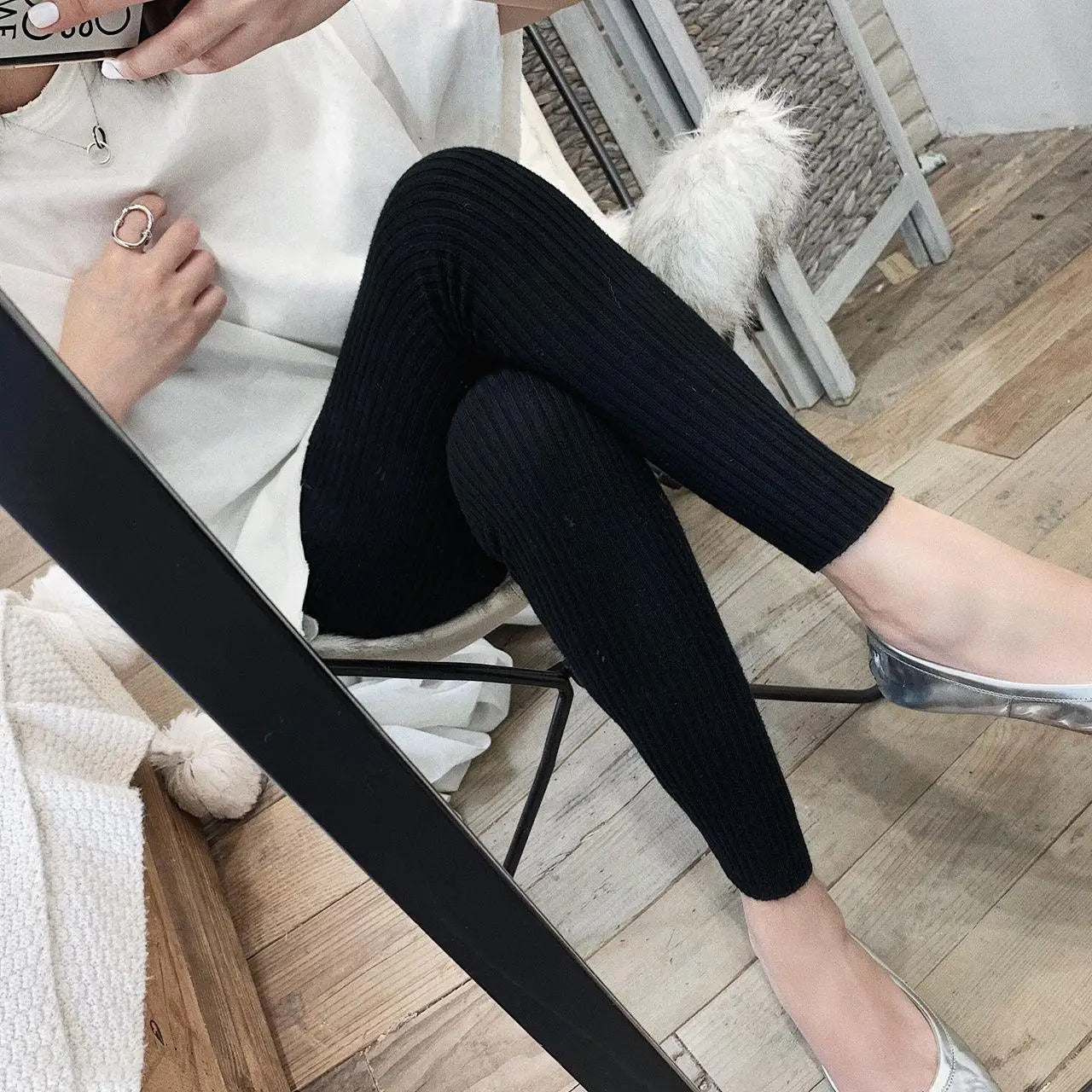 Leggings de punto acanalado de talle alto para mujer