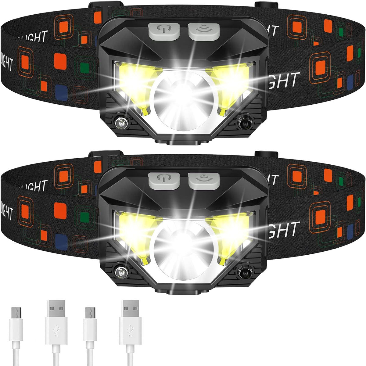 Linterna frontal LED: recargable, resistente al agua y con sensor de movimiento | Pack de 2 unidades