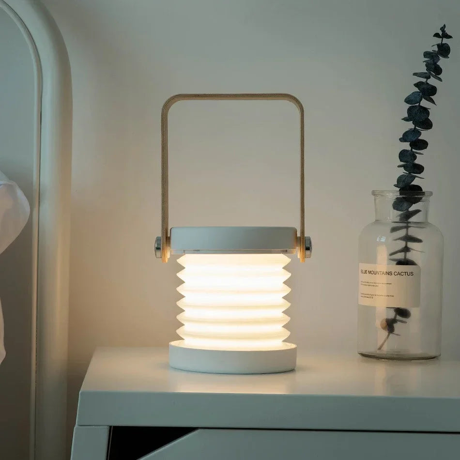 Linterna portátil creativa con asa de madera | Lámpara de mesa plegable y recargable