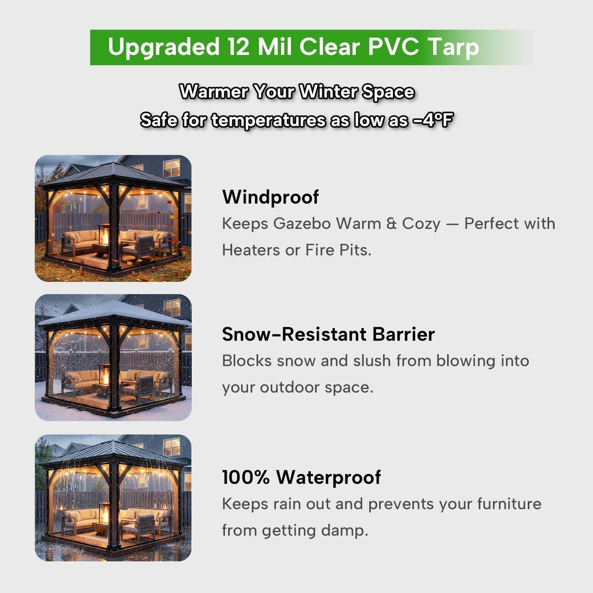 Lona protectora transparente de PVC resistente a la intemperie con ojetes para cenadores, pérgolas y porches, grosor de 0,35 mm