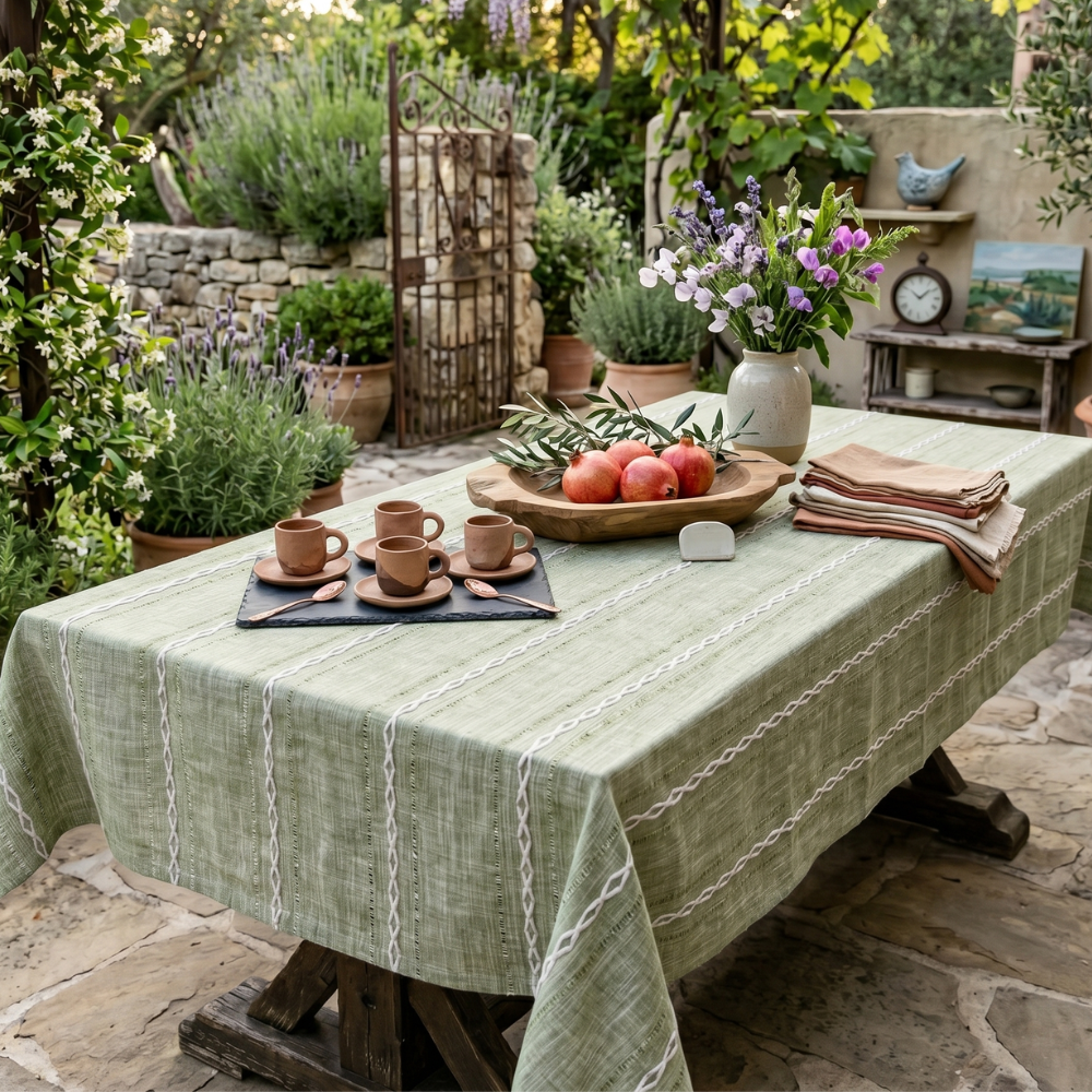 Mantel para mesa de comedor rústico a rayas de algodón y lino con un diseño elegante
