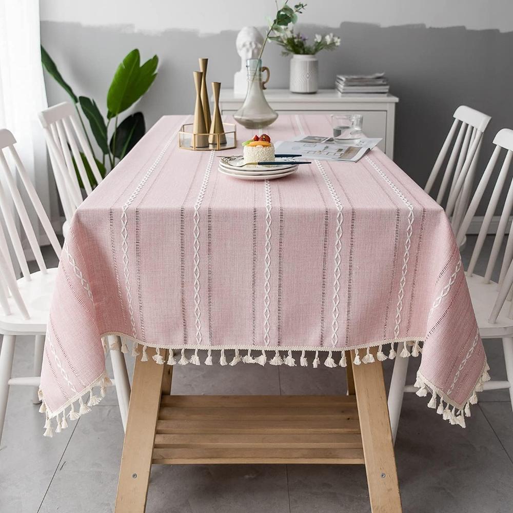 Mantel para mesa de comedor rústico a rayas de algodón y lino con un diseño elegante