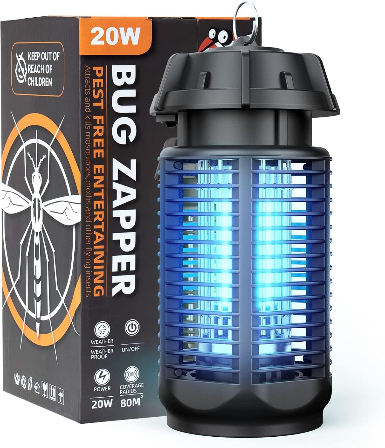 Matainsectos eléctrico con luz UV de 20 W y rejilla de alta tensión de 4200 V, resistente al agua IPX4