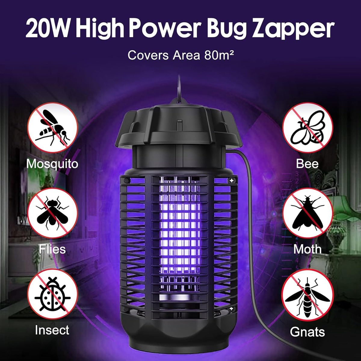Matainsectos eléctrico con luz UV de 20 W y rejilla de alta tensión de 4200 V, resistente al agua IPX4
