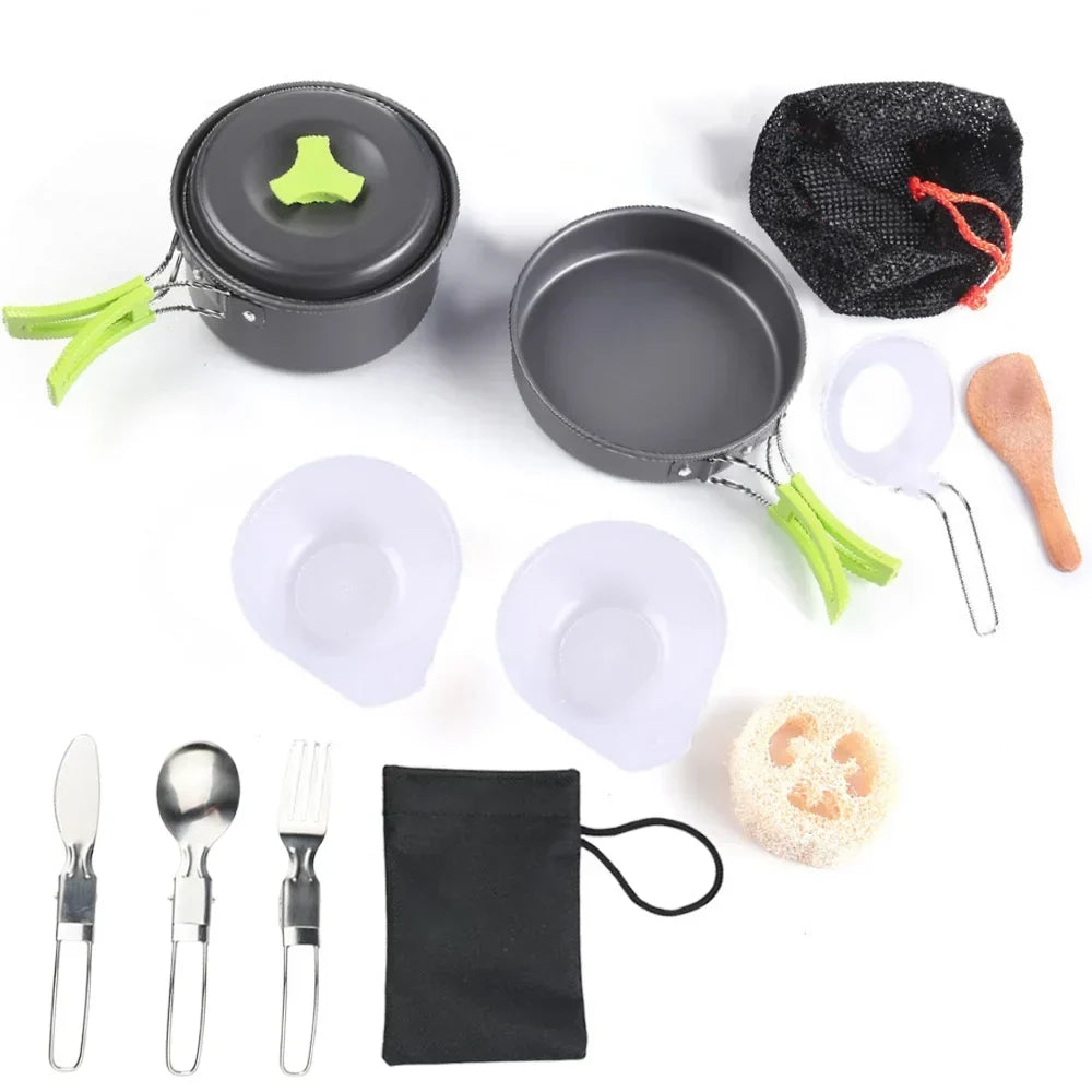 Mini Set de Utensilios de Cocina para Camping 1,8 L - Olla de Aluminio Antiadherente - Almacenamiento Anidado - Verde, Naranja y Negro