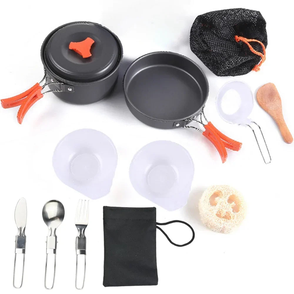 Mini Set de Utensilios de Cocina para Camping 1,8 L - Olla de Aluminio Antiadherente - Almacenamiento Anidado - Verde, Naranja y Negro