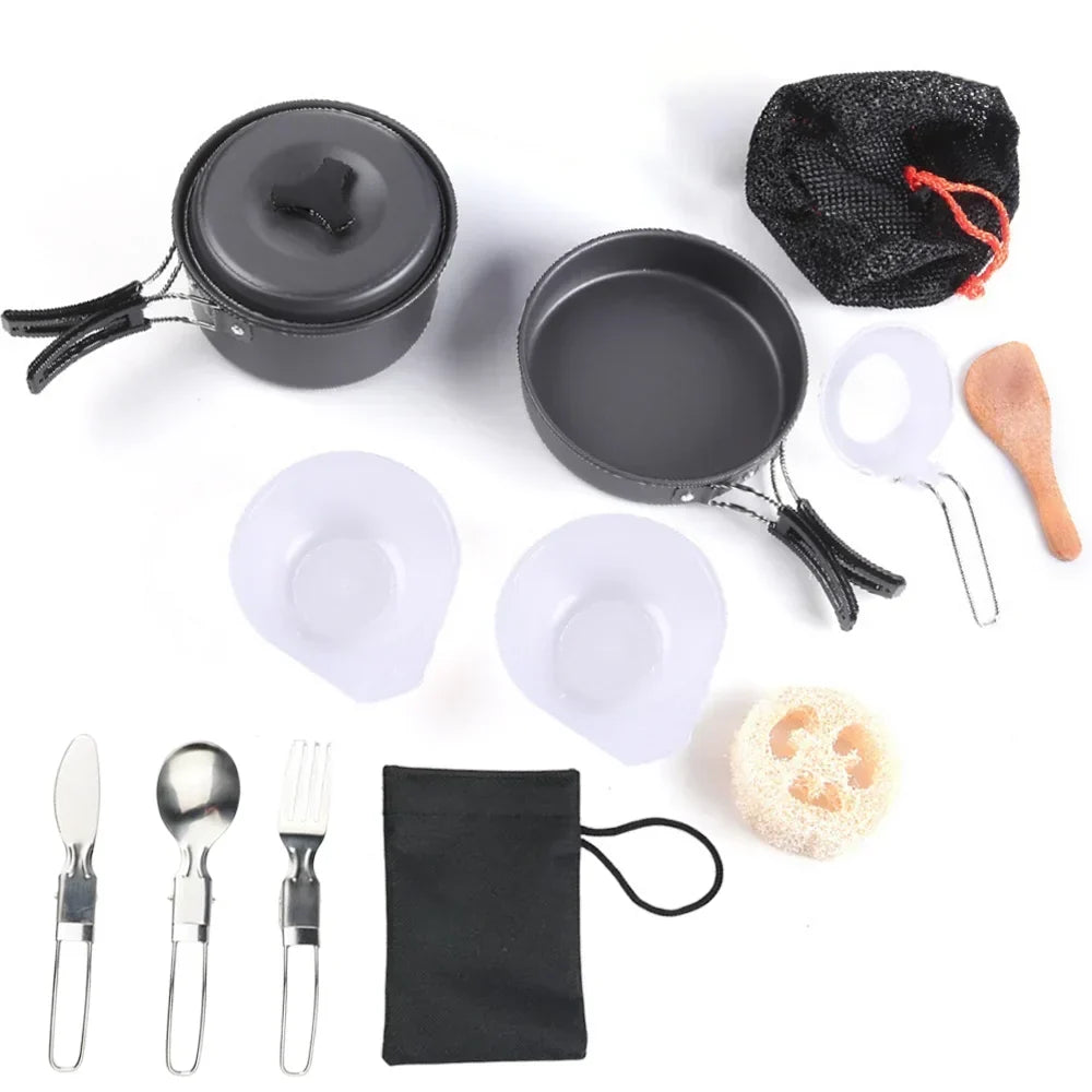 Mini Set de Utensilios de Cocina para Camping 1,8 L - Olla de Aluminio Antiadherente - Almacenamiento Anidado - Verde, Naranja y Negro
