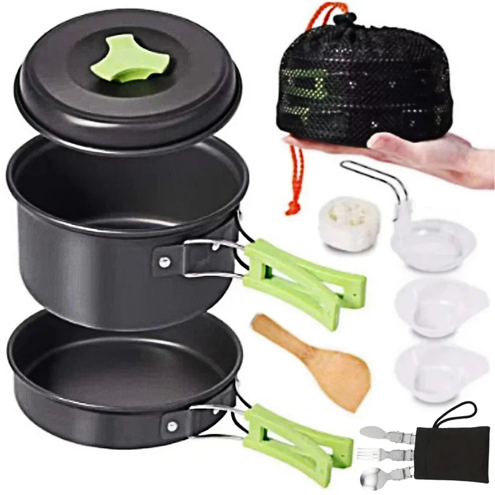 Mini Set de Utensilios de Cocina para Camping 1,8 L - Olla de Aluminio Antiadherente - Almacenamiento Anidado - Verde, Naranja y Negro