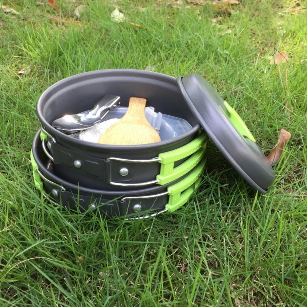 Mini Set de Utensilios de Cocina para Camping 1,8 L - Olla de Aluminio Antiadherente - Almacenamiento Anidado - Verde, Naranja y Negro