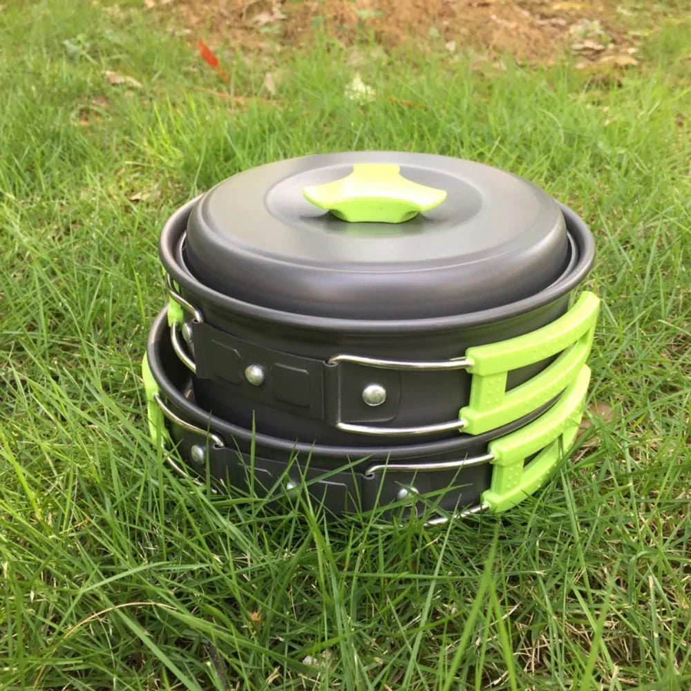 Mini Set de Utensilios de Cocina para Camping 1,8 L - Olla de Aluminio Antiadherente - Almacenamiento Anidado - Verde, Naranja y Negro