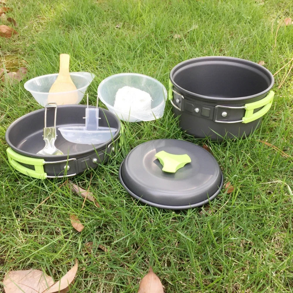 Mini Set de Utensilios de Cocina para Camping 1,8 L - Olla de Aluminio Antiadherente - Almacenamiento Anidado - Verde, Naranja y Negro