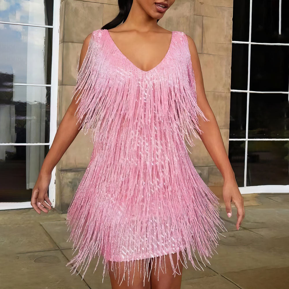 Minivestido para mujer con flecos y cuello en V