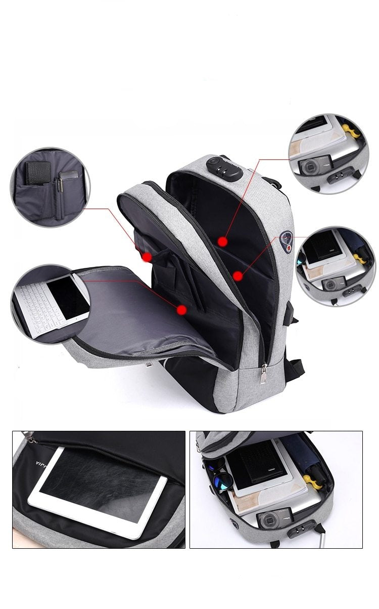 Mochila antirrobo para portátil unisex con carga USB y cremalleras ocultas